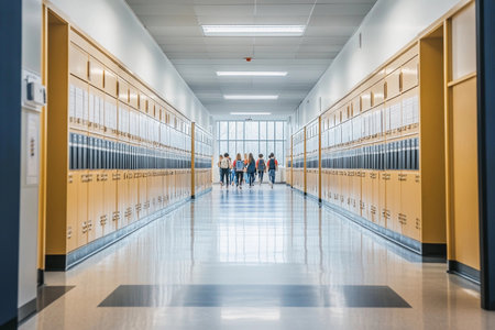 A group of cheerful students strolls down a vibrant school hallway lined with yellow lockers. Natural light filters through large windows, creating an inviting atmosphere for learning.の素材