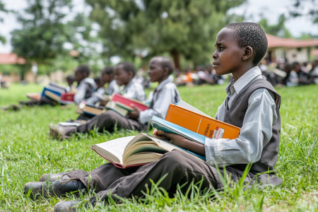 A group of young students sits on the grassy ground, engrossed in their books, as they enjoy a sunny day outdoors. Their focus on reading showcases a love for learning amid nature.の素材