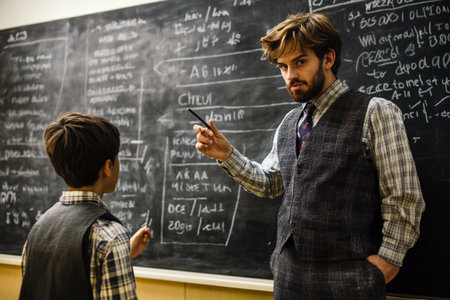 A dedicated teacher explains complex equations on a chalkboard while a young student attentively listens and takes notes. The atmosphere is filled with curiosity and learning.の素材