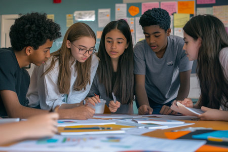 A group of five students intensely collaborates around a table filled with colorful papers and notes.の素材