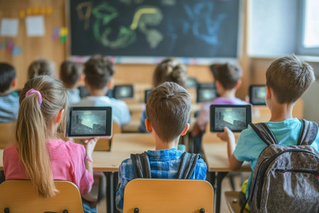 A group of enthusiastic children sits at their desks in a bright classroom, focused on their tablets while exploring interactive learning. The chalkboard shows colorful drawings.の素材