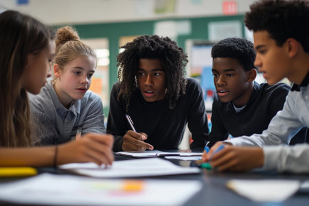 Five students gather around a table, deep in discussion and focused on their work. They share ideas and take notes, creating an atmosphere of teamwork and creativity in a bright classroom.の素材
