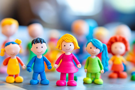 A group of cheerful clay figures in vibrant colors gather happily, showcasing the joy of creativity. Children can be seen playing and engaging with their imaginative friends through art.の素材