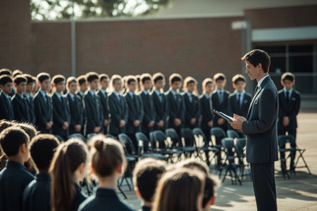 A group of students in formal attire listens intently as a speaker addresses them at an outdoor school assembly, creating an atmosphere of unity and motivation under the warm sun.の素材
