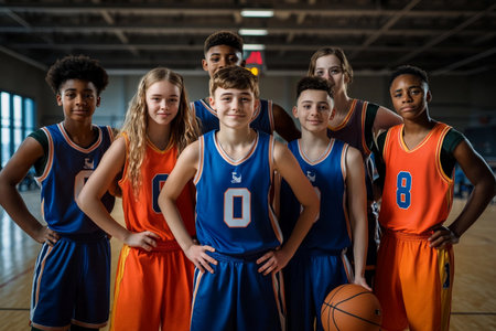 A group of young basketball players stands confidently on the court, displaying unity and enthusiasm. Dressed in bright uniforms, they embody the spirit of teamwork and competition.の素材