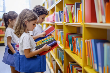 Three young children explore a lively library, their curiosity piqued by the bright array of books on the shelves. Each child holds a book, absorbing the joy of reading.の素材