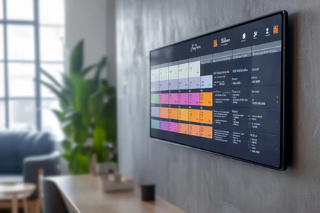 A sleek digital dashboard mounted on a wall showcases a colorful weekly schedule filled with tasks and appointments, set in a contemporary workspace with greenery in the background.の素材