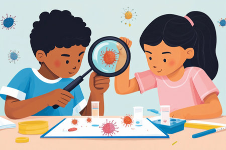 Two children engage in a fun science activity, examining colorful representations of viruses with a magnifying glass. Their enthusiasm for discovery is evident as they work together.の素材