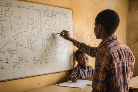 Two boys engage in a lively math lesson, with one solving problems on a chalkboard while the other observes with interest. The warm atmosphere fosters learning and friendship.の素材
