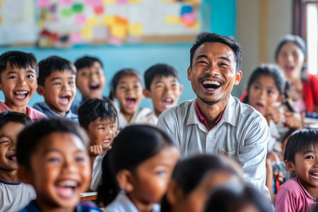 In a vibrant classroom, a cheerful teacher engages with his delighted students. Laughter echoes as the children share joy and enthusiasm, creating a lively atmosphere of learning.の素材