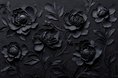 A stunning display of black flowers elegantly arranged on a dark background. The fine details in the petals and leaves create a striking contrast, highlighting the beauty of nature.の素材