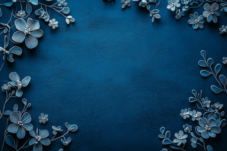 A stunning composition features intricate white floral elements artistically placed against a rich blue background. The detailed designs create an enchanting contrast, inviting admiration.の素材