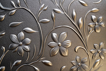 Delicate flowers and leaves emerge from a sleek surface, showcasing artistic craftsmanship. The interplay of light and shadow enhances the three-dimensionality of this stunning wall art.の素材