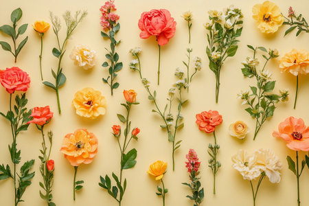 Colorful flowers in shades of yellow, orange, and red are artfully arranged on a soft yellow backdrop, evoking a lively, cheerful atmosphere perfect for spring celebrations.の素材