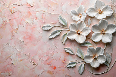Delicate white blooms with gentle green leaves create a stunning focal point against a soft pastel backdrop. The textured surface enhances the floral beauty, inviting a serene ambiance.の素材