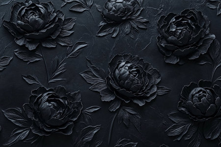 Delicate black roses are intricately carved against a deep, textured surface, showcasing an elegant design. This striking artwork embodies sophistication and artistry in a monochromatic palette.の素材