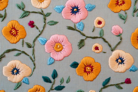Delicate flowers crafted in vibrant threads adorn a soft fabric, showcasing the artistry of embroidery. Each stitch brings color and life to the intricate design, celebrating nature's beauty.の素材
