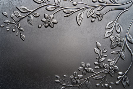 Soft light highlights the delicately embossed floral patterns on a dark surface, creating an atmosphere of sophistication and creative charm, inviting admiration and exploration of detail.の素材