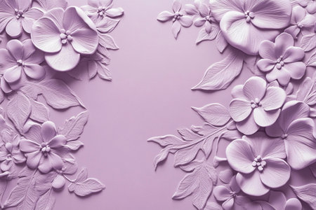 A beautiful arrangement of lilac flowers and delicate leaves adorns a soft purple backdrop. The intricate details evoke a sense of calm and creativity, perfect for artistic endeavors.の素材