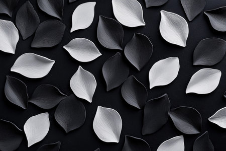 A mesmerizing display of curated black and white leaves sprawls across a deep, shadowy background. The delicate shapes and subtle textures evoke a sense of balance and harmony in design.の素材
