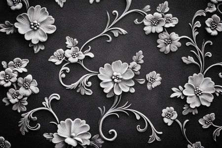 Delicate flowers and swirling vines create a stunning 3D effect on a rich black background, showcasing the artistry of floral design with intricate details and a touch of sophistication.の素材