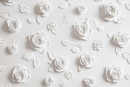 Delicate white roses intricately arranged on a soft backdrop create a calm and refined atmosphere.の素材