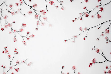 Soft cherry blossom branches adorned with pink blooms stretch across a white canvas, evoking feelings of spring and renewal as nature awakens in a tranquil moment of beauty.の素材