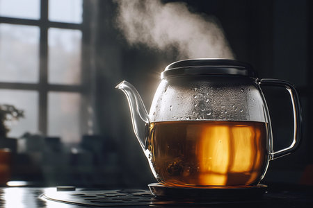 Warmth fills the air as steam gracefully escapes from a clear teapot, revealing rich amber tea within. Sunlight filters through a window, creating a serene atmosphere perfect for tea lovers.の素材