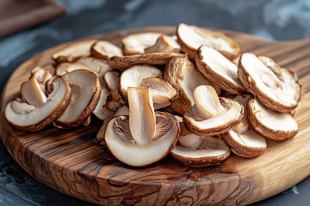 Freshly sliced shiitake mushrooms glisten on a rustic wooden board, showcasing their rich textures and earthy tones.の素材