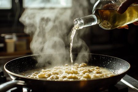 In a warm and inviting kitchen, a chef expertly pours white wine into a bubbling sauce. Steam rises, mingling aromas of fresh ingredients, creating an atmosphere filled with culinary magic.の素材