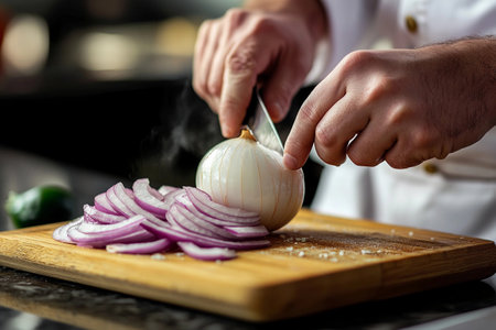 A talented chef focuses on his task, finely chopping a green onion on a wooden board. The kitchen is alive with the sounds of sizzling and the aroma of fresh ingredients fills the air.の素材