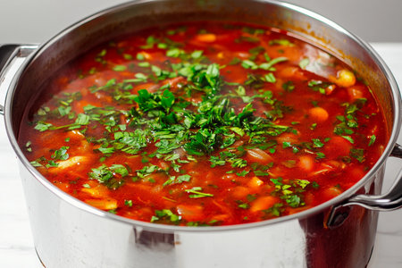 A large, steaming pot filled with rich red borscht sits on a countertop, garnished with fresh green herbs. The aroma wafts through the kitchen, inviting all to enjoy this hearty meal.の素材