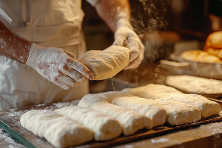 Hands dusted with flour expertly handle rolled dough in a warm kitchen, showcasing the skill and passion involved in creating traditional baked goods during the early morning hours.の素材