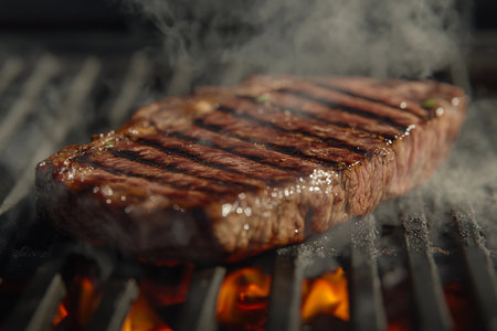 Juicy steak rests on a grill, browning perfectly with smoke rising from hot coals. The warm evening air carries the savory aroma of barbeque, inviting everyone to gather around.の素材