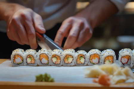 In a bustling kitchen, a skilled chef carefully cuts perfectly rolled California sushi into bite-sized pieces.の素材