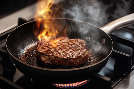 The aroma of a perfectly seared steak fills the air as it sizzles in a hot pan, flames dancing briefly before settling into a savory smoke. Cooking brings warmth and joy to culinary creations.の素材