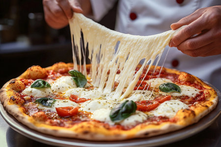 At a bustling pizzeria, skilled chefs expertly stretch a handmade pizza topped with fresh mozzarella, juicy tomatoes, and fragrant basil, creating a mouthwatering visual delight.の素材