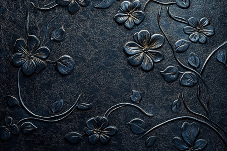 Delicate flowers intertwine with leaves, embossed against a rich black backdrop, evoking a sense of sophistication and artistry. This design adds depth and charm to any setting.の素材