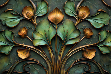 Delicate green and gold foliage intertwines in a stunning Art Nouveau ornament. The elegant shapes and textures evoke a sense of timeless beauty and craftsmanship in this enchanting decorative piece.の素材