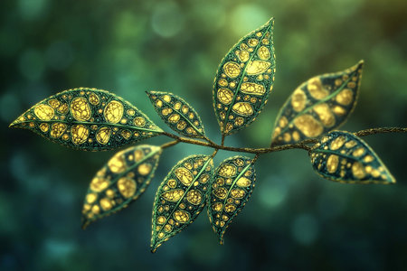 Delicate leaves swirl and twirl with mesmerizing patterns in vibrant hues, embodying the artistry of zentangle design.の素材