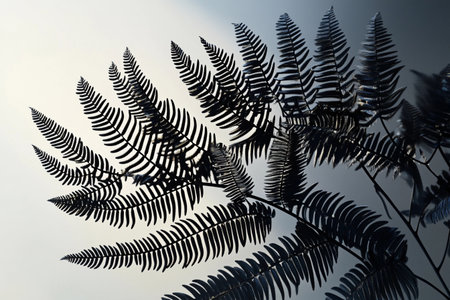 Curved fronds of a fern create a striking silhouette, their delicate outlines contrasting beautifully with the soft, muted backdrop.の素材