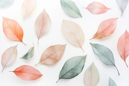 Softly brushed watercolor strokes blend together to form elegant leaves in various hues. The play of light enhances their delicate beauty, creating a serene atmosphere perfect for inspiration.の素材