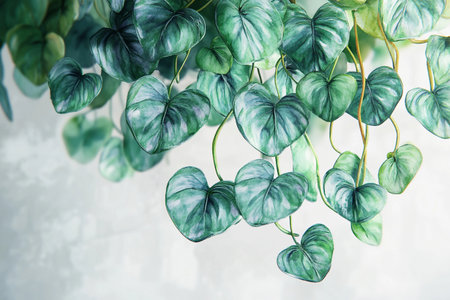 Vibrant heart-shaped leaves cascade gracefully, painted with rich watercolors. The ornament captures the essence of nature's beauty, evoking a serene and artistic atmosphere.の素材