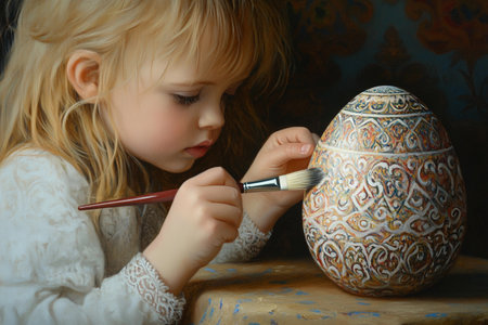 Little hands craft detailed designs on an ornate egg using a brush. The setting is filled with colors, delighting in the joy of creating art. Imagination flows freely in this cozy moment.の素材