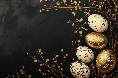 Colorful speckled and golden eggs are artfully arranged among delicate golden branches on a dark background, creating a sophisticated and festive atmosphere for Easter gatherings.の素材