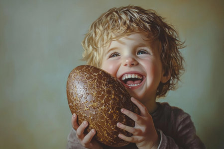 A happy child with tousled hair beams with delight while holding a massive chocolate egg. The warm backdrop adds to the cheerful ambiance as joy radiates from the little one's smile.の素材