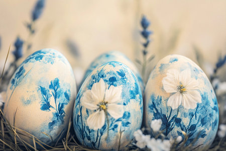 Colorful Easter eggs showcase intricate floral designs in shades of blue and white, nestled among soft grass and tiny blossoms, evoking the serenity of springtime celebrations and artistry.の素材
