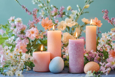 A festive Easter table showcases vibrant flowers and glowing candles, creating a warm ambiance. Soft pastel eggs add charm, complementing the joyful spring celebration.の素材