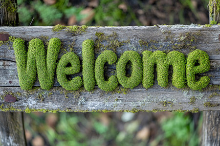 A charming welcome sign made of vibrant green moss is displayed on an old, weathered wooden board.の素材
