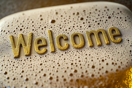 Foamy bubbles rise elegantly, forming the word Welcome with a touch of warmth. This inviting detail enhances the atmosphere of relaxation and comfort in a serene setting.の素材